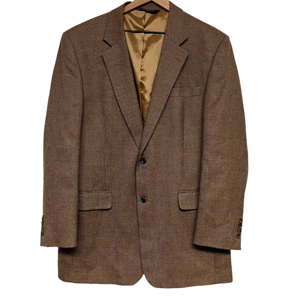 Jos A Bank Mens Sport Coat Blazer Size 44 L Wool Brown Check Tweed